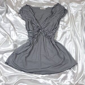 y2k MSSP Babydoll Top Black White Excellent Striped Twist Knot Empire Waist